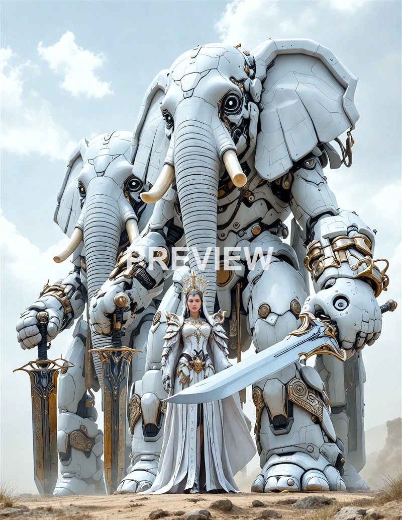 A woman dressed in elaborate white and gold armor stands in front of two large, mechanical elephant-like robots holding swords, with a cloudy sky in the background.